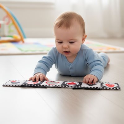 bébé s'accroche au livre bebe en tissus
