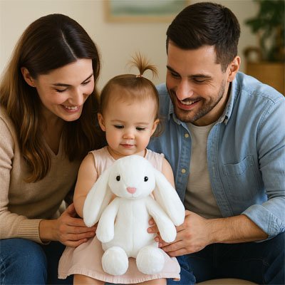 Lapin doudou blanc avec bébé soutenu par ses parents