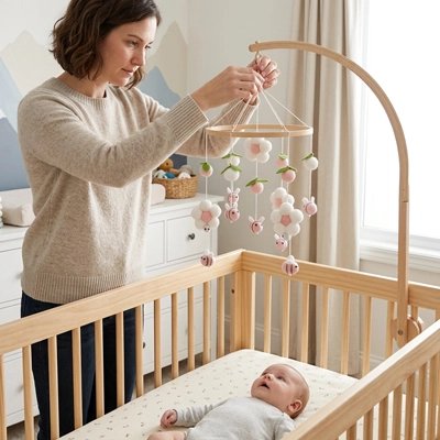 maman fait le dernier réglage du Mobile bébé