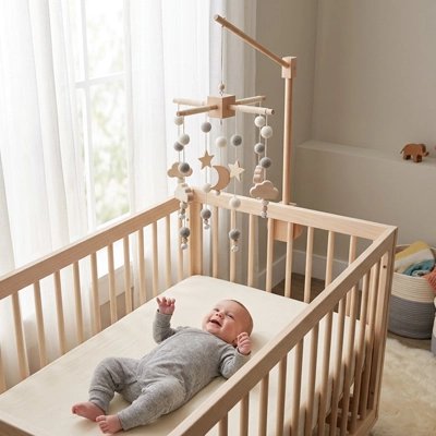 Mobile bébé avec boules beiges et grises
