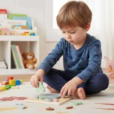 Puzzle bois bébé joue sur tapis