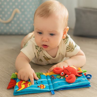 Livre bebe en tissu bleu