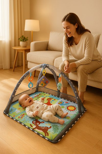 Maman contente avec bébé sur tapis d'éveil