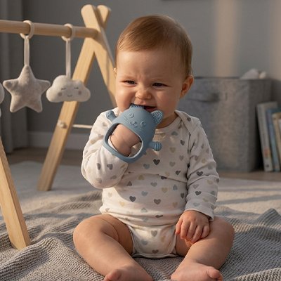 anneau de dentition bleu bébé assis