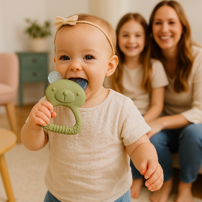 anneau de dentition réfrigéré bébé famille contente