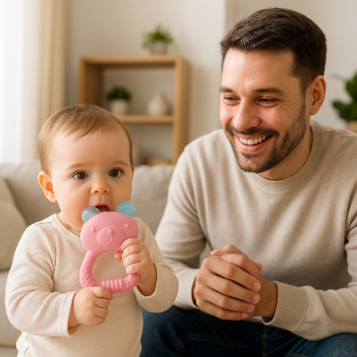 anneau de dentition réfrigéré bébé papa content