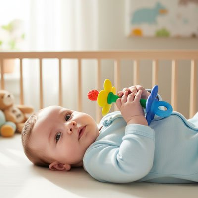 Anneau dentition bébé allongé sur son lit
