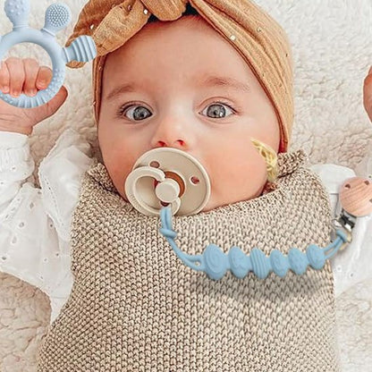 Anneau dentition bébé bleu avec attache sucette