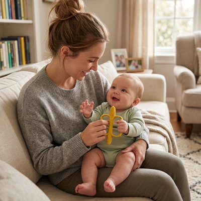 Anneau dentition bébé jaune avec maman