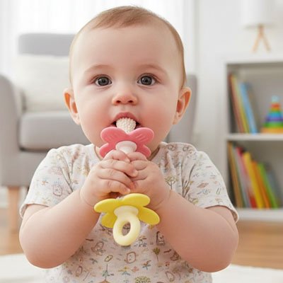 Anneau dentition bébé pétales rose