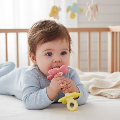Anneau dentition bébé sous forme de fleur rose