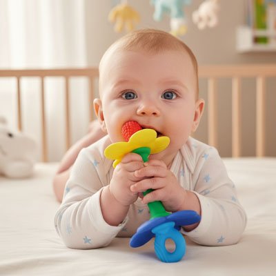 Anneau dentition bébé vert au pétales jaune