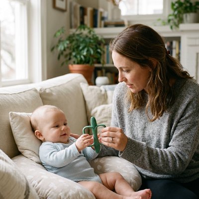 Anneau dentition bébé vert avec maman