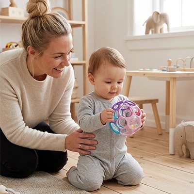 Balle sensorielle bébé accroupi avec maman