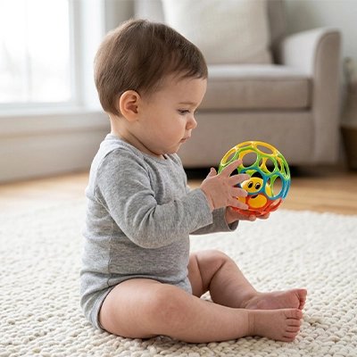 Balle sensorielle bébé assis au salon