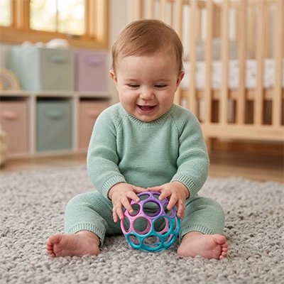 Balle sensorielle bébé assis dans sa chambre