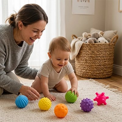 Balle sensorielle bébé avec maman généreuse