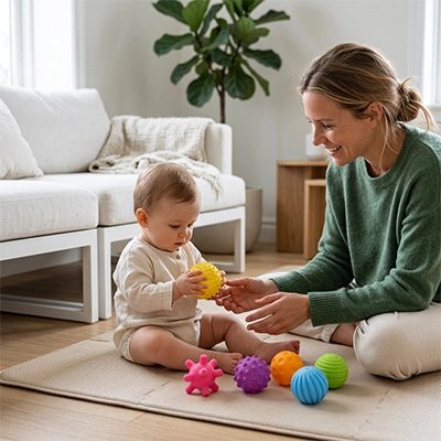 Balle sensorielle bébé avec texture colorée