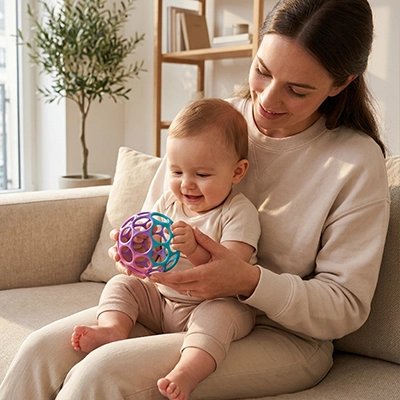 Balle sensorielle bébé entre les bras de maman