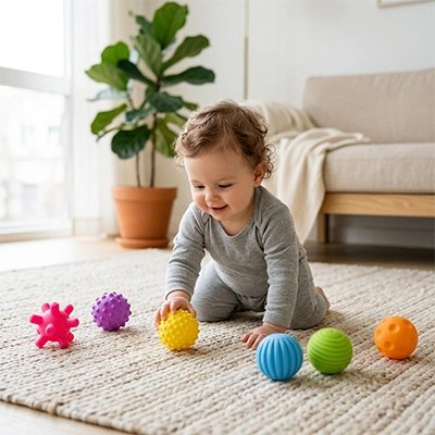 Balle sensorielle bébé sur tapis au salon