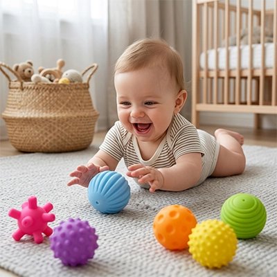Balle sensorielle bébé sur tapis dans la chambre