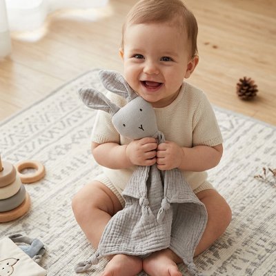 bébé aime son doudou lapin gris 