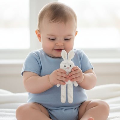 bébé attrape doudou lapin 