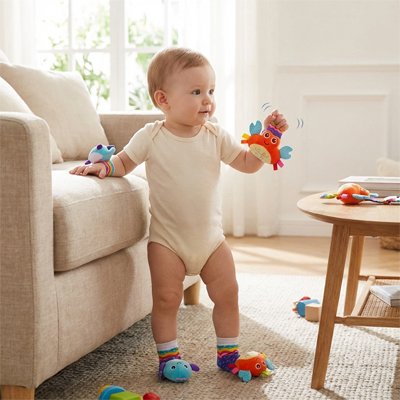 bébé au salon avec hochet 