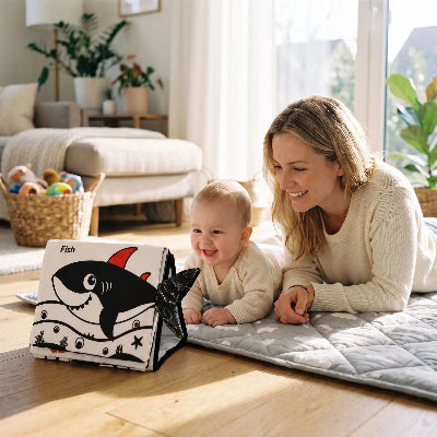 bébé avec livre bébé requin avec  maman contente  au salon
