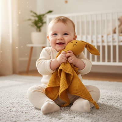 bébé  câlin avec Doudou lapin 