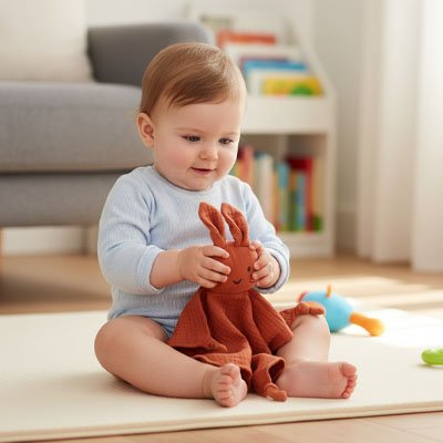bébé concentré avec Doudou lapin 
