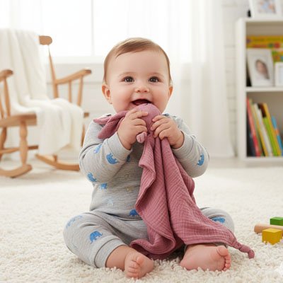 bébé content avec Doudou lapin 