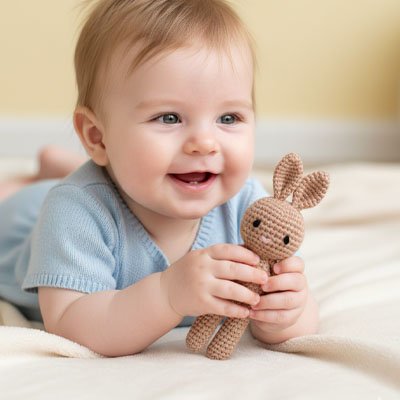 bébé content avec doudou lapin 
