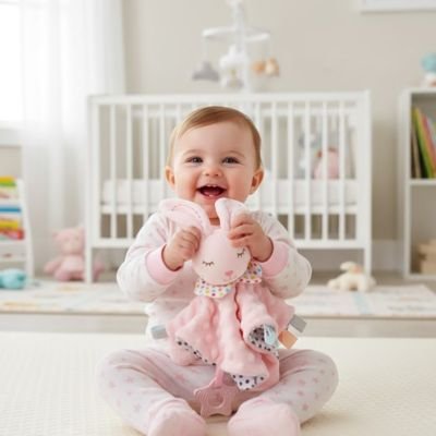 bébé content avec son doudou lapin  