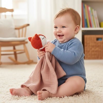 bébé content avec  son Doudou renard  rose