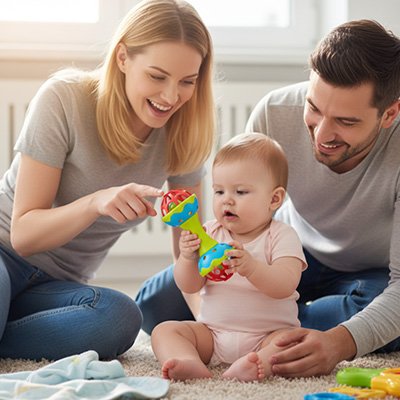 bébé découvre le hochet avec ses parents