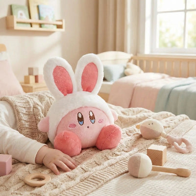 bébé dort avec doudou rose lapin 