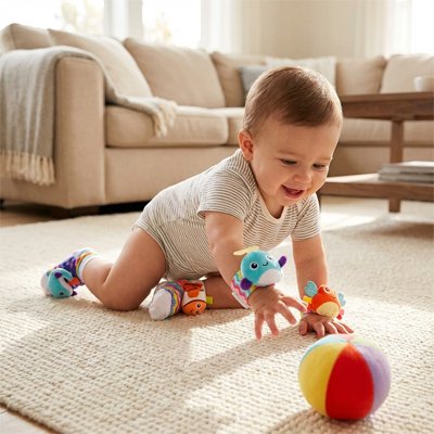 bébé en action avec hochet  sur les mains et les pieds