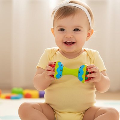 bébé en action avec son hochet
