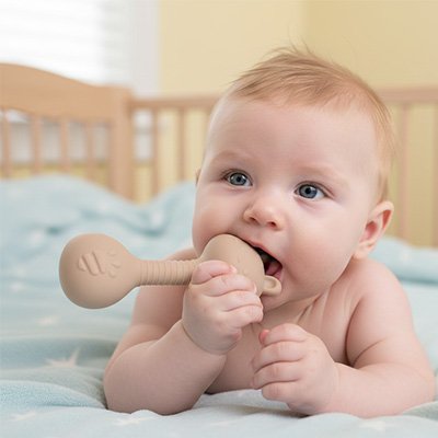 bébé en belle position avec son Anneau de dentition bébé taupe