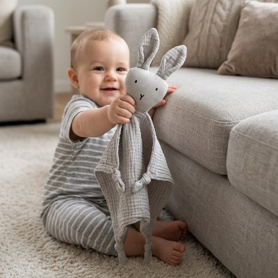 bébé est fier de  montrer  son doudou lapin  gris 