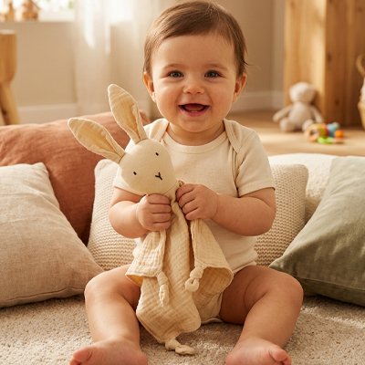 bébé est fier de son doudou lapin blanc