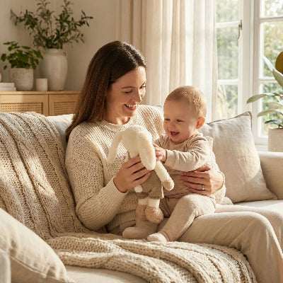 bébé joue avec doudou lapin et maman souriante