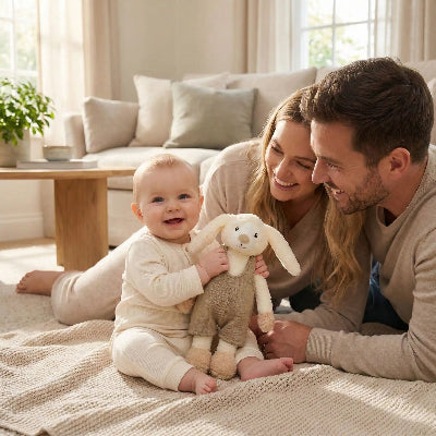 bébé joue avec doudou lapin avec ses parents