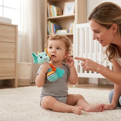 bébé joue avec hochet éléphant dans sa chambre avec maman