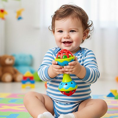 bébé joue avec le hochet multicolore