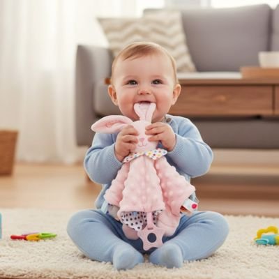 bébé joue  avec son doudou lapin 