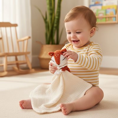 bébé joue avec son  Doudou renard  blanc