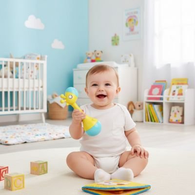 bébé joue avec son Hochet  dans sa chambre