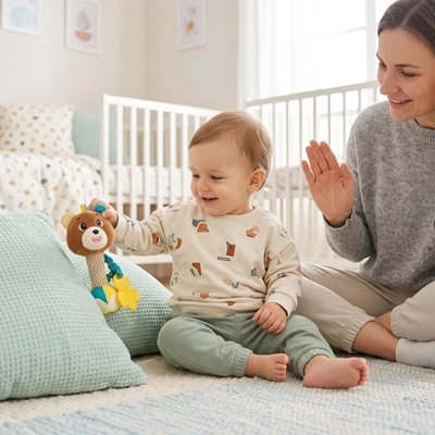 bébé s'amuse avec hochet renard sur tapis avec maman